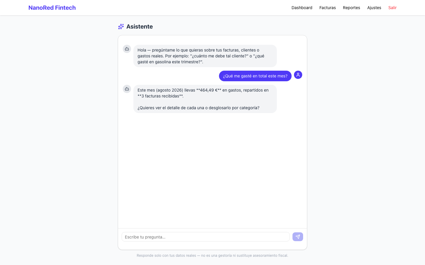 Conversación real con el asistente de IA de NanoRed Fintech respondiendo cuánto se ha gastado este mes